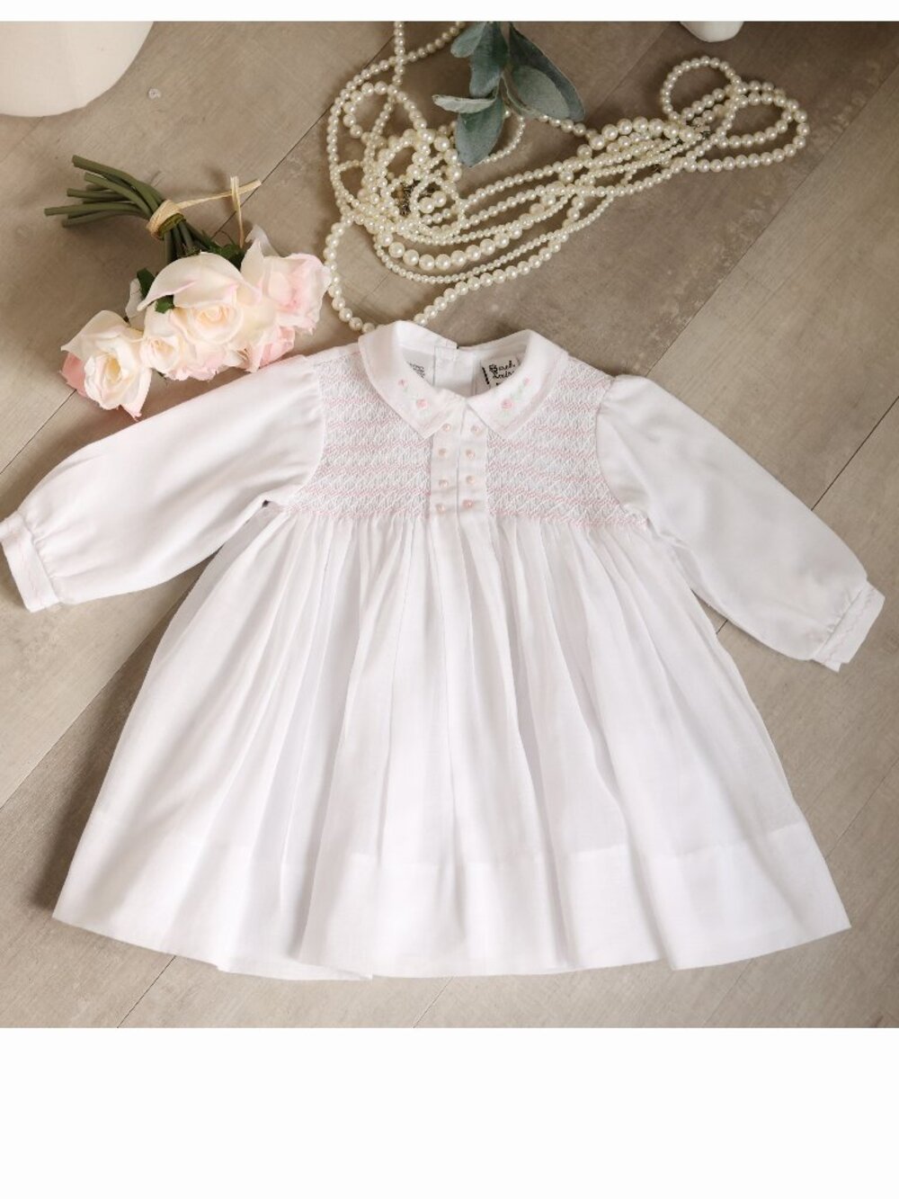 White Long Sleeve Smocked Dress Pink Hand Embroidery Sarah Louise 12 Months